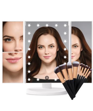 Trifold Makeup Vanity Mirror with Lights and Makeup Brush (White with Brush Set)