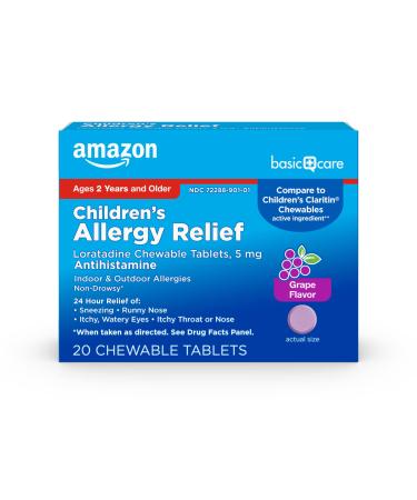 Amazon Basic Care Children's Allergy Relief, Loratadine Chewable Tablets, 5 mg, Grape Flavored, Ages 2 and up, 20 Count