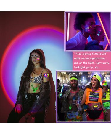 Glow In The Dark Tattoos - 14 Sheets Neon Blacklight Reactive Temporary Tattoos for Rave Festival and Glow Party Supplies - Buy Online on GoSupps.com