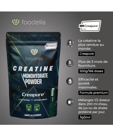 Foodelis Creatine Monohydrate Creapure 500g en poudre - 100% Creatine Creapure - Sans ar me Non-OGM Pure et sans additifs - Avec dosette incluse - Haute solubilit  - Buy Online on GoSupps.com