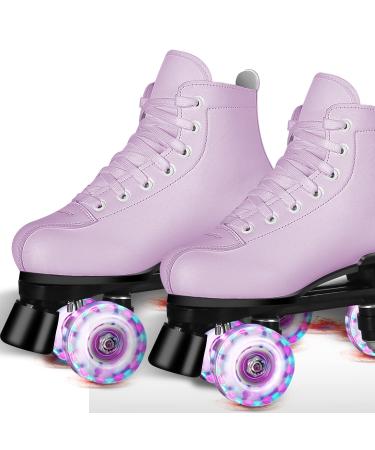 PERZCARE Roller Skates for Women&Girls,Classic Double Row 4 Wheels Shiny Quad Men's Skates,PU Leather High-top Roller Skates for Teens/Adult/Boys/Unisex Indoor/Outdoor US Women 5.5/US Men 4 / EU 36 / UK 3.5 Purple Flash Wheel