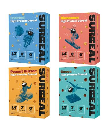 Surreal Variety-Pack Pick N Mix - Choose From 4 Flavours | Cinnamon Cocoa Frosted & Peanut Butter High Protein Cereal - Low Sugar - Healthy Plant Based in Fibre Carb Vegan - Pack of 2 x 240g