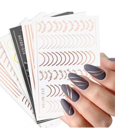 Line Nail Stickers  3D Self-Adhesive Metallic Nail Decals Rose Gold French Nail Decals Wave Stripe Lines Nail Design Striping Tape Adhesive DIY Nail Decoration (6 Sheets) Line1