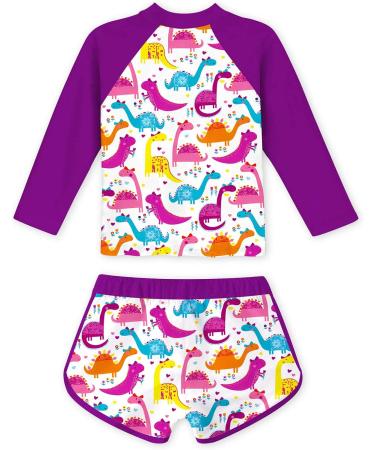 Girls Two Piece Long Sleeve Swimsuit Set UPF 50+ Protection | Purple Dinosaur Design | Ages 4-10 - Buy Online on GoSupps.com