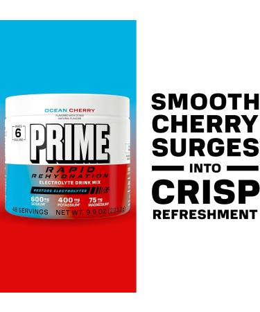 Prime Rapid Rehydration Electrolyte Powder Ocean Cherry Sugar Free Hydration Drink Mix with Sodium Potassium Magnesium & B Vitamins to Replenish Fluids Caffeine Free 6 Gallon Tub 48 SRV - Buy Online on GoSupps.com