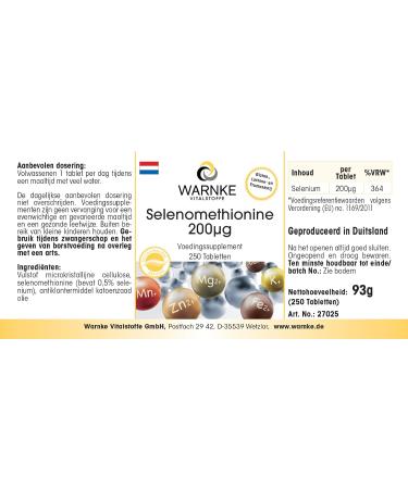 Selenium Tablets 200mcg - Selenomethionine Vegan - 250 Tablets | Warnke Vitalstoffe - Premium German Pharmacy Quality - Buy Online on GoSupps.com