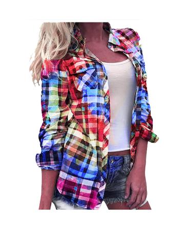 RFNIU Womens Plaid Color Shirts Fashion Multicolor Matching Pockets Buttons Cardigan Tops Loose Long Sleeve Tunic Blouse, 01_red, Large