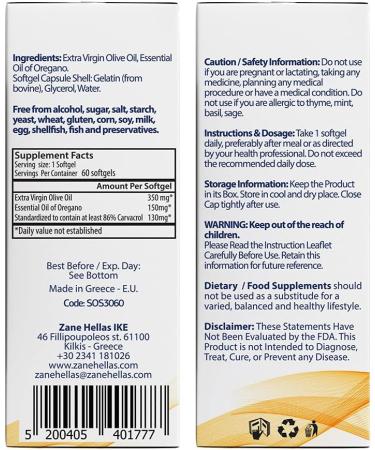Zane Hellas Oregano Oil Softgels - 130mg Carvacrol, 150mg Oregano Oil, 30% Greek Essential Oil - 60 Softgels - Buy Online on GoSupps.com