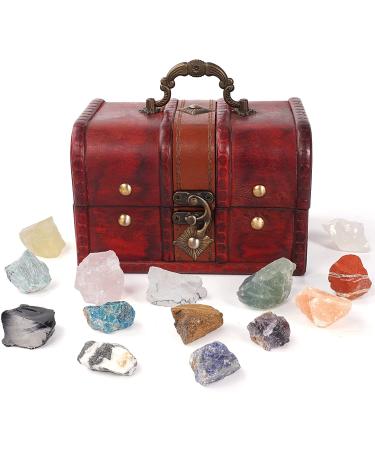 Soulinioi 14pcs Raw Natural Crystal Stones Kit with Wooden Box Chakra Self Love Healing Crystal for Beginners Spiritual Healing/Wicca/Reiki/Yoga Meditation 14 Pcs