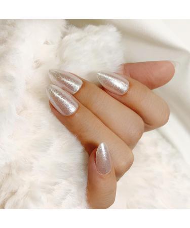 LADYING Moonlight Glitter False Nails Short Milky White Almond Gel Press On Nails - French Tip Pattern, Reusable Fake Nails with Nail Glue - Pack of 24 - Buy Online on GoSupps.com