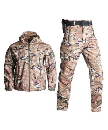 HANWILD Men's Tactical Jacket and Pant Military Soft Shell Suits Polar Fleece Winter Outdoor Camouflage Hooded Multicam Cp Medium