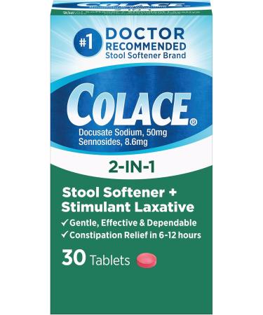 Colace 2-in-1 Stool Softener Plus Stimulant Laxative for Gentle Effective Constipation Relief Docusate Sodium Plus Sennosides 60 Count and 30 Count 60 Count (Pack of 1) Tablets + Tablets 30 Count - Buy Online on GoSupps.com