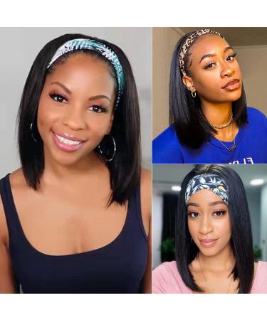 Tgezer Bob Headband Wigs for Women 12inch Short Straight Hair Synthetic Black Bob Wig Shoulder Length Glueless None Lace Front Wig with Headbands Attached 150 Density for Daily Use 12 Inch Straight-1B