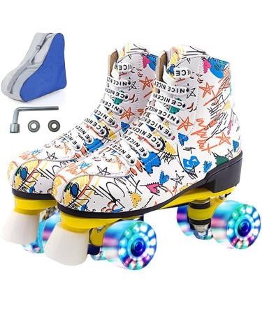 RESLIDE Roller Skates Women Men High Top 4 Wheels Shiny Shoes PU Leather Graffiti/Rainbow/Pure Colors for Your DIY Design with Bag Packed White Graffiti with Flash Wheels 36