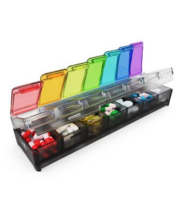 Fullicon Weekly Pill Box 7 Day Quick Fill & Spill Proof Designed Large Pill Organiser with Free Labels Daily Tablet Organiser for Medicine Vitamin Fish Oil Supplement (Rainbow Black Paten REGT) Black Rainbow