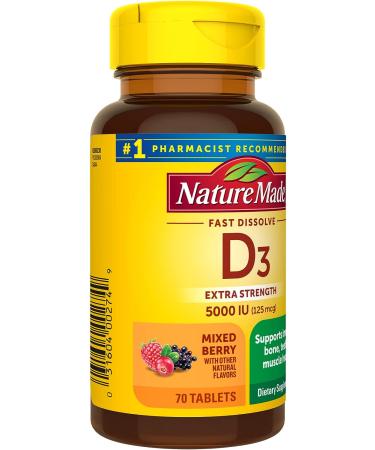 Nature Made Extra Strength Vitamin D3 5000 IU | Bone, Teeth, Muscle, Immune Health Support | 70 Sugar-Free Fast Dissolve Tablets - Buy Online on GoSupps.com