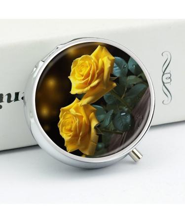 Round Pill Box with Beautiful Yellow Roses | 3 Compartment Decorative Metal Organizer | Portable Pocket Pill Case - Buy Online on GoSupps.com