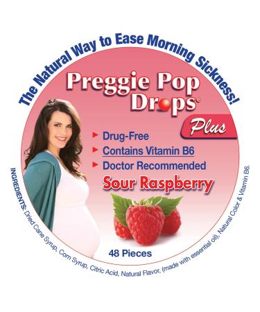 Preggie Pop Drops Morning Sickness Candy - Pregnancy Nausea Relief Drops Fortified with Vitamin B6. Morning Sickness Relief Preggie Pops Drops. Soothing Tummy Drops - Sour Raspberry, 48 Count