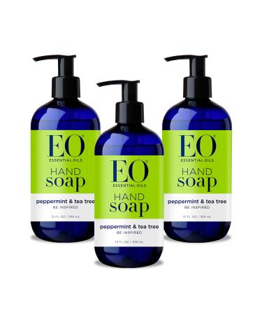 EO Liquid Hand Soap 12 Ounce (Pack of 3) Peppermint and Tea Tree Organic Plant-Based Gentle Cleanser with Pure Essential Oils