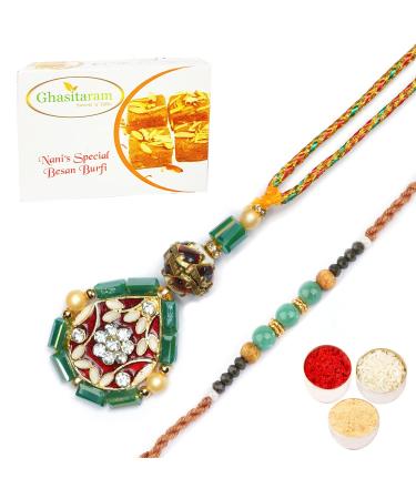Ghasitaram Gifts Rakhis Online - Rakhi for Brother- RM-169 Bhaiya Bhabhi Rakhi with 200 GMS of Besan Barfi Rakhi Set with 200 gms of Besan Barfi