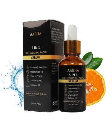 AABHA 30%Vitamin C Face Serum Professional Korean Skincare Product For Women And Men Includes Hyaluronic Acid Niacinamide Vitamin E And Collagen 5 In 1 Formula For Hydration And Glowing Skin CONTROLS Aging Scars Pores Pigmentation Dark Spots (30ml)