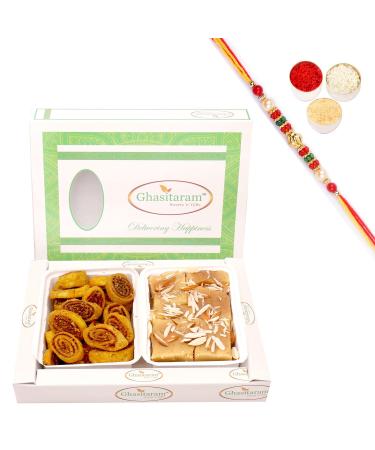Ghasitaram Gifts Rakhi Gifts for Brothers Rakhi Sweets - Bhakar Wadi and Soft Mysore Pak Hamper with Pearl Beads Rakhi Bhakar Wadi and Soft Mysore Pak Hamper with Rakhi