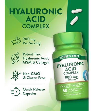 Nature's Truth Hyaluronic Acid with Collagen & MSM | 900mg | 50 Capsules | Non-GMO & Gluten Free Supplement Unflavored 50 Count (Pack of 1) - Buy Online on GoSupps.com