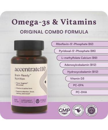 Accentrate110 - Focus Supplement - Methylated Vitamin B Complex with Omega 3 Fatty Acid Supplement - L-Methylfolate Vitamin B12 P-5-P Riboflavin VIT D 60 Softgels (1 Month Supply) Teen/Adult - Buy Online on GoSupps.com