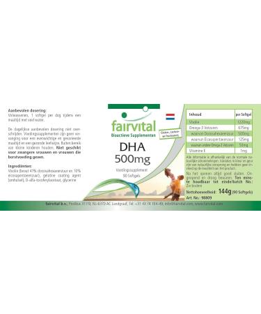 Fairvital DHA 500mg - Highly Dosed Omega-3 Fatty Acid | 90 Softgels - 3 Months Supply - Buy Online on GoSupps.com