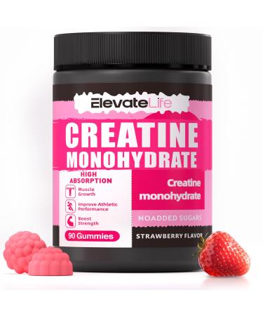 ElevateLife Creatine Monohydrate Gummies 5000mg for Men & Women Chewables Creatine Monohydrate for Muscle Strength Muscle Builder Energy Boost Pre-Workout Supplement(90 Count)-Strawberries Strawberry 90 Count (Pack of 1)