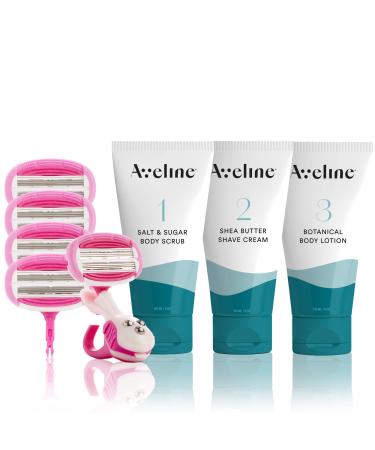 Aveline Women's Silky Smooth Shaving Starter Kit | 6-Blade Razor, 4pk Refill Blades, Salt & Sugar Body Exfoliating Scrub - 5oz, Shea Butter Shaving Cream - 5oz, and Botanical Moisturizing Body Lotion