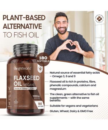 Flaxseed Oil Capsules 2000mg - Cold-Pressed Vegan Omega 3 6 9 Supplement - 180 Softgels - Buy Online on GoSupps.com