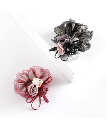 Silk Floral Pearl Hair Ties Scrunchy - Neutral Ponytail Holder for Women and Girls - Buy Online on GoSupps.com
