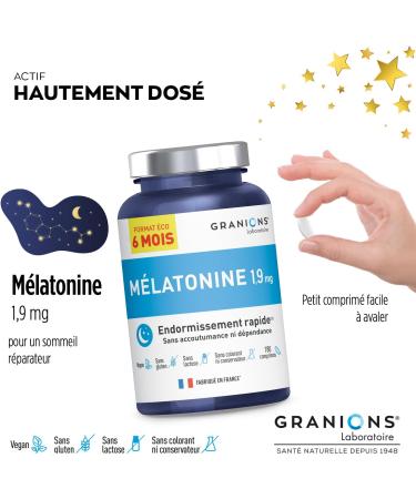 Melatonin 1.9mg | GRANIONS | MADE IN FRANCE | Powerful Sleep Supplement | Sleep Aid | Sleep Disorder Jetlag Jet Lag | 180 Tablets | Eco Format 6 Months - Buy Online on GoSupps.com