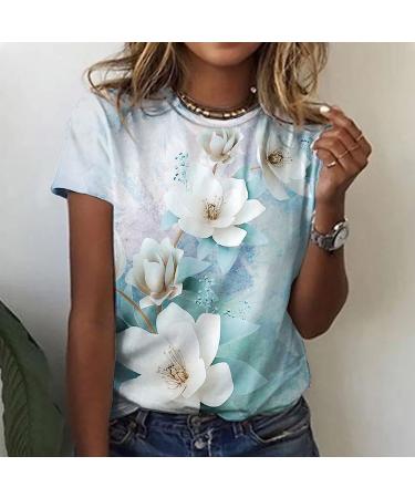 Floral Printed Casual Women's Summer Top | Loose Fit Short Sleeve T-Shirt in Light Blue - Buy Online on GoSupps.com
