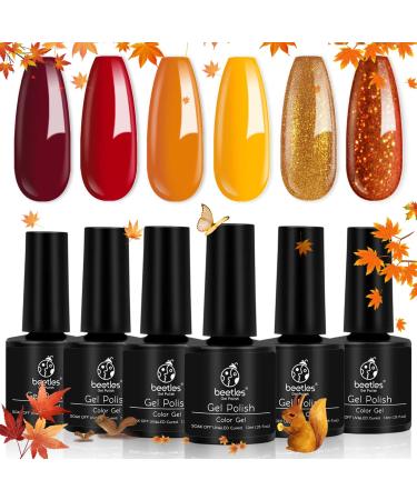 Beetles Gel Nail Polish Set Fall Winter Colours Yellow Orange Gold Glitter Red Gel Polish Soak Off UV Gel Nail Polish Nail Art Salon Manicure Gel Nail Kit DIY at Home Nail Gifts for Women Thanksgiving Day