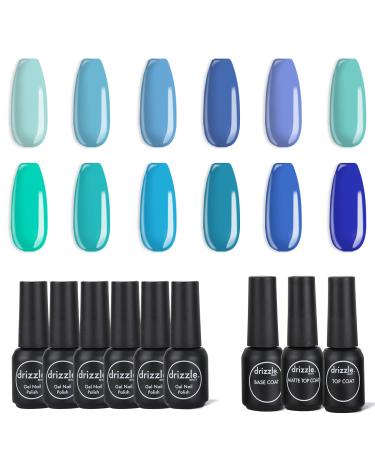 Drizzle Beauty Gel Nail Polish Kit Blue Green Series 12 Colors Collection with 3 Pack Top and Base Coat, 9ml Soak Off LED Nail Polish in Nail Art Box DIY at Home Gift for Women Aquamarine