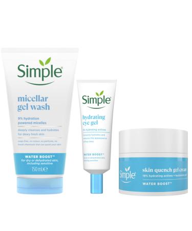 Simple Water Boost Skin Quench Gel Face Cream for Dry Skin 50 ml + Simple Water Boost Micellar 100% Soap-Free Face Cleanser Gel 150 ml & Simple Water Boost Hydrating Eye Gel 25 ml
