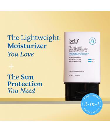 belif Aqua Bomb SPF 45 Hydrating Niacinamide Sunscreen (1.69 fl. oz) - The True Cream PA++++ Daily Broad Spectrum No White Cast Weightless & Invisible Non-Greasy Korean Skincare | Hydrating Niacinamide The True Cream  - Buy Online on GoSupps.com