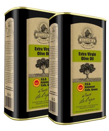 Ellora Farms, Global Gold Award Winner, Single Origin & Estate Traceable Extra Virgin Olive Oil, First-Cold Pressed, Certified PDO, Harvested in Crete, Greece, Kosher OU, 1 Lt (33.8 oz.) Tins, Pack of 2 33.8 Fl Oz (Pack of