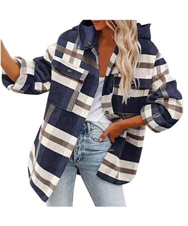 Yihaojia Womens Fashion Cropped Plaid Shacket Jacket Button Down Long Sleeve Crop Shirts Jackets Tops Navy#67 X-Large