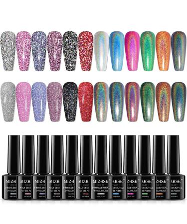 MIZHSE Holographic Gel Polish Set, Reflective Glitter Gel Polish, Laser Gel Polish, Galaxy Gloss Nail Lacquer Iridescent Glitter Gel Nail Polish, Nail Art Nail Pigment Curing Required Unicorn Mirror Laser Effect Nail Gel f…