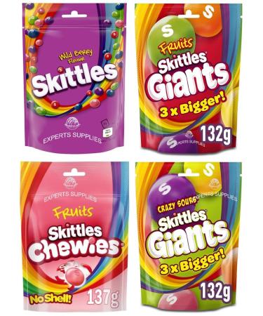 4x Skittles Fruit Flavoured Sharing Pouch Skittles Wild Berry 136g Fruits Giants 132g Giant Crazy Sours 132g Skittles Chewies 137g by Experts Supplies