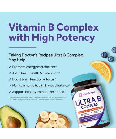 Doctor's Recipes Ultra B Complex Vitamins for Women and Men with Methylated B12 1000mcg B6 B1 Folic Acid for Energy Metabolism Nerve & Mood Support Vegan 60 Capsules 30 Day Supply - Buy Online on GoSupps.com