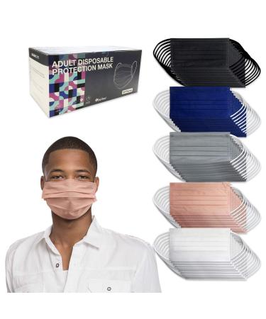 50 Pieces Adult Disposable Face Masks Single Use Effective, Soft on Skin, Bulk Pack 3-Ply Masks Facial Cover with Elastic Ear Loops For Home, Office, School, and Outdoors (Mix Solid Colors)