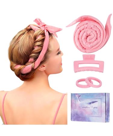 Lock winders curl up without heat improved 60 "Extra -long Heatless Curls Band curlers without heat overnight diy hair curler set hair band wave designers for medium long hair (pink)