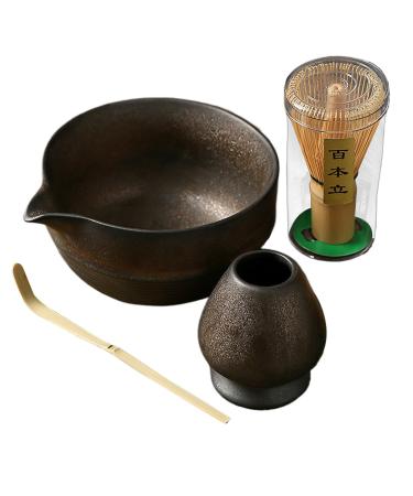 Stoneware Set de th matcha - Style japonais 4 pi ces avec bol verseur whisk cuill re et support | Fabrication traditionnelle pour les amoureux c r monie d'essuyage lisse accessoires Gris Marron.