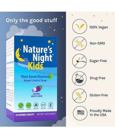 Nature's Night Kids | Plant Based Melatonin 1MG | Natural Grape Flavor | 60 Chewable Tablets | Gluten Free | Non-GMO | Drug Free | Vegan | 100% Natural | - Buy Online on GoSupps.com