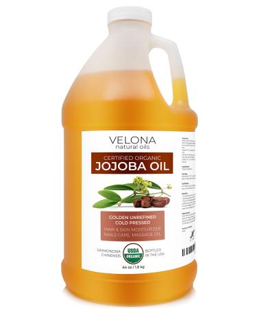 velona Jojoba Oil USDA Certified Organic - 64 oz | 100% Pure and Natural Carrier Oil| Golden  Unrefined  Cold Pressed  Hexane Free | Moisturizing Face  Hair  Body  Skin Care  Stretch Marks  Cuticles Organic Jojoba Oil 64...