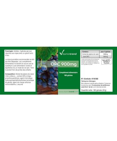 OPC 900 mg - Boite de 180 g lules - Extrait de P pins de Raisin de haute qualit contenant 95% d OPC G lules anti- ge | Vitamintrend  - Buy Online on GoSupps.com